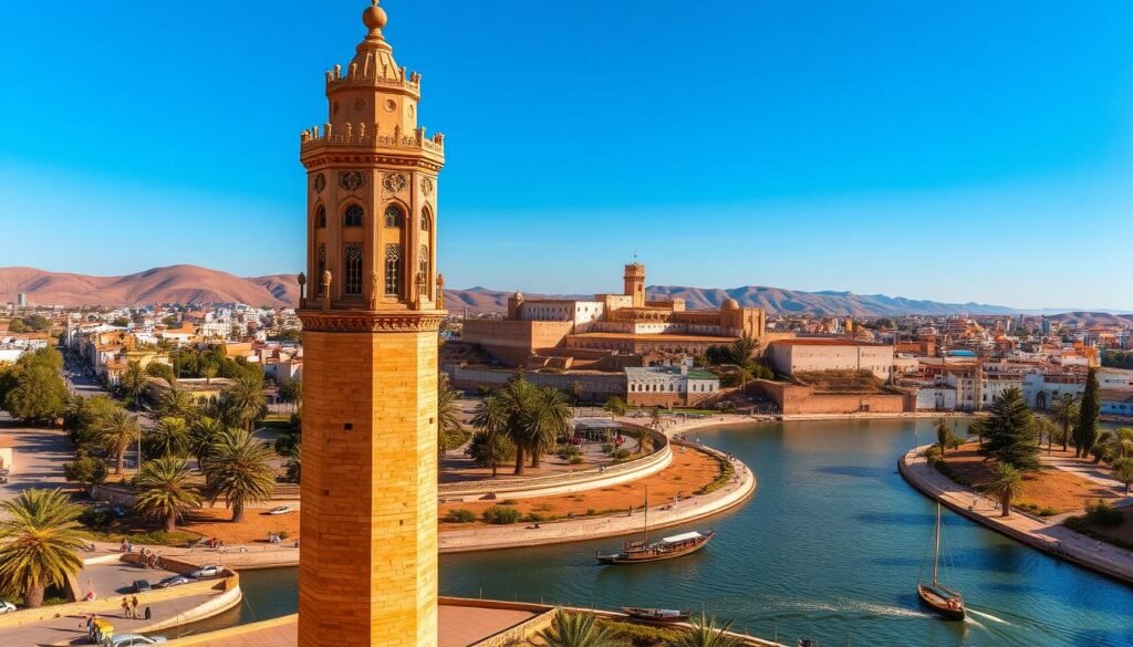A captivating vista of the historic city of Rabat, Morocco. In the foreground, the iconic Hassan Tower, a 12th-century minaret, stands tall and majestic, its intricate stone façade bathed in warm, golden light. In the middle ground, the tranquil Bou Regreg River winds its way, with traditional Moroccan boats gently floating along its surface. Beyond, the ancient Kasbah of the Udayas, a UNESCO World Heritage site, rises majestically, its whitewashed walls and blue-tiled roofs reflecting the clear, azure sky. In the background, the rolling hills of the Moroccan countryside provide a picturesque backdrop, evoking the timeless charm and cultural heritage of this imperial city. The scene is captured with a wide-angle lens, creating a sense of depth and grandeur, inviting the viewer to explore the rich history and vibrant present of Rabat.