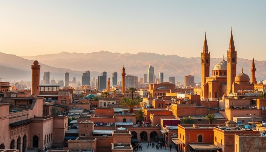 A stunning Moroccan landscape where ancient and modern seamlessly blend. In the foreground, a bustling medina with vibrant markets, ornate archways, and colorful textiles. In the middle ground, towering minarets and domes of historic mosques juxtaposed against sleek high-rises and glass-clad skyscrapers. The background features the majestic Atlas Mountains, their snow-capped peaks casting long shadows over the city. The warm, golden light bathes the scene, creating a sense of timeless allure. This harmonious fusion of architectural styles and eras evokes the enchanting spirit of Morocco – a place where tradition and progress coexist in perfect harmony.