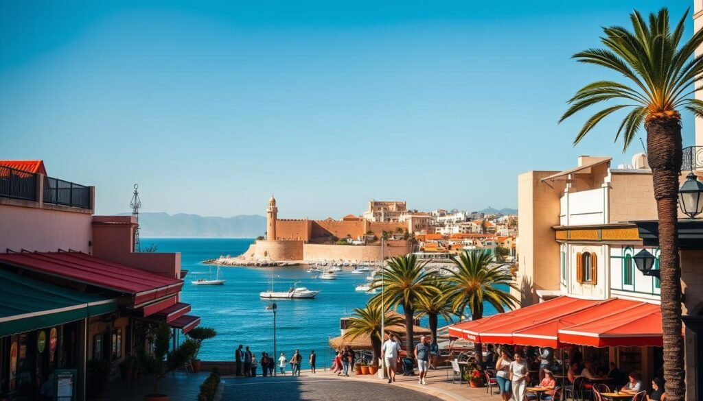 A sun-drenched Mediterranean coastal view of Tangier, Morocco. In the foreground, a promenade lined with vibrant cafes and bustling shops, their colorful awnings casting playful shadows on the cobblestone streets. In the middle ground, the historic Kasbah walls stand tall, their ochre hues glowing in the warm afternoon light. Beyond, the sparkling azure waters of the Strait of Gibraltar stretch out, dotted with traditional Moroccan fishing boats and the distant silhouette of the Rif Mountains. A soft breeze carries the scent of spices and the salty tang of the sea, creating a serene, welcoming atmosphere.