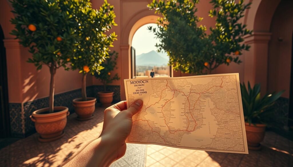 A sun-drenched Moroccan courtyard, mosaic-tiled floors leading to an arched doorway. In the foreground, a traveler's hand unfurls a map, planning their journey through the vibrant souks and narrow alleyways of Marrakech. Warm, golden light filters through potted citrus trees, casting intricate shadows. In the background, a hint of the snow-capped Atlas Mountains, the promise of breathtaking vistas to come. Smooth, cinematic camera angle captures the sense of anticipation and discovery, inviting the viewer to imagine themselves immersed in the rich cultural tapestry of Morocco.