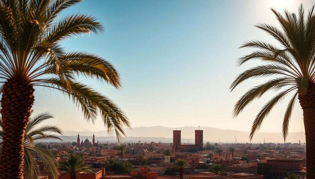 A vibrant, sun-drenched skyline of Marrakech's historic old city, the fabled Medina, with its iconic red-clay buildings and domed roofs shimmering in the warm light. In the foreground, palm trees sway gently, framing the distant silhouettes of towering minarets and the majestic Atlas Mountains on the horizon. The scene is bathed in a rich, golden glow, evoking the timeless charm and allure of this Moroccan oasis. Captured through a wide-angle lens, the image conveys a sense of expansive grandeur and the captivating essence of Marrakech, the heart of Moroccan tourism.
