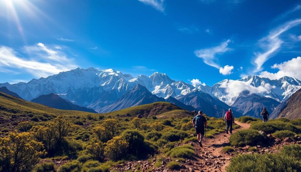 Towering snow-capped peaks of the High Atlas Mountains rise majestically against a vibrant azure sky. In the foreground, a rugged hiking trail winds through a lush, verdant landscape dotted with fragrant wildflowers. Sunlight filters through wispy clouds, casting a warm, golden glow over the scene. A group of adventurous hikers navigate the challenging terrain, their backpacks and trekking poles signifying an immersive experience in this dramatic, awe-inspiring natural wonder. The atmosphere exudes a sense of tranquility and exhilaration, inviting the viewer to embark on an unforgettable journey through the enchanting heights of the Atlas Mountains.