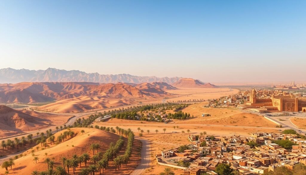 A breathtaking aerial view of Morocco's most captivating destinations. In the foreground, the iconic Atlas Mountains rise majestically, their snow-capped peaks reflecting the warm desert sun. Winding through the middle ground, the lush, palm-lined oases of the Sahara Desert come into focus, with vibrant ochre-hued villages nestled between the dunes. In the distance, the ancient walled medinas of Fez and Marrakech beckon, their intricate architecture and bustling souks promising a feast for the senses. Captured with a wide-angle lens and soft, natural lighting, this panoramic vista encapsulates the essence of Morocco's diverse and captivating landscapes, inviting the viewer to embark on an unforgettable guided tour.