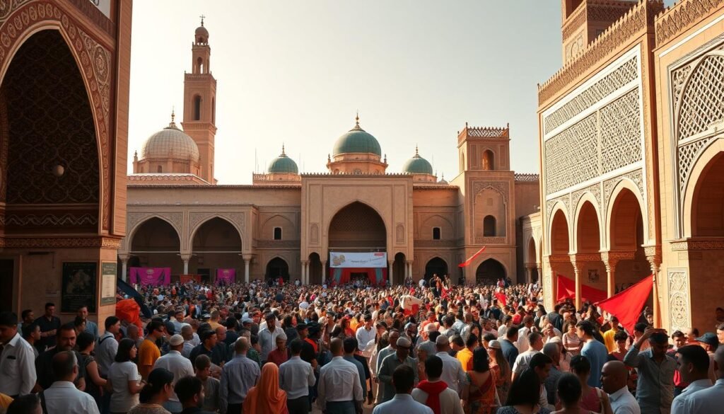 A bustling Moroccan architecture festival set against the backdrop of ornate mosques and grand, palatial structures. In the foreground, vibrant crowds gather beneath intricate archways, admiring the ornate tilework, colorful textiles, and intricate latticework that adorn the buildings. The middle ground features a procession of musicians and performers, their traditional garb and instruments capturing the rich cultural heritage. Bathed in warm, golden light, the scene exudes a sense of celebration and reverence for the architectural marvels that define Moroccan design. A wide-angle lens captures the grandeur and dynamism of this festival, showcasing the harmony between the built environment and the lively festivities it inspires.