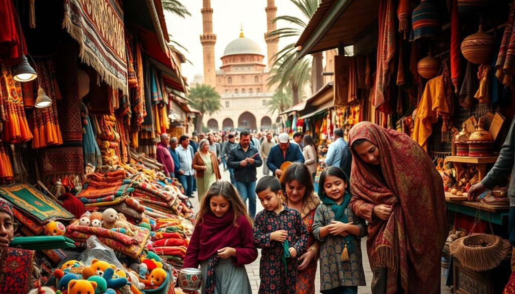 A bustling Moroccan market filled with vibrant textiles, intricate handicrafts, and the aroma of spices. In the foreground, a family of four - parents and two children - explore the stalls, examining the intricate Berber rugs and haggling with the friendly vendors. The children's faces light up with wonder as they discover traditional toys and trinkets. The middle ground showcases musicians playing lively Gnawa music, their rhythmic beats echoing through the crowded square. In the background, the towering minarets of a grand mosque stand tall, casting a warm, golden glow over the scene. Soft, diffused lighting creates a sense of intimacy and cultural immersion, inviting the viewer to feel transported to this richly authentic Moroccan family experience.