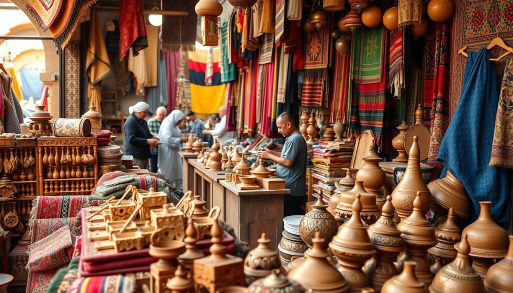 A bustling Moroccan marketplace, filled with intricate artisan crafts. In the foreground, an array of handwoven rugs in vibrant hues and intricate patterns. Nearby, a display of delicately carved wooden trinkets and jewelry boxes, each one a unique work of art. In the middle ground, a group of artisans demonstrating their craft, meticulously shaping clay into traditional tagine dishes and ornate vases. The background is a tapestry of richly colored textiles, from embroidered kaftans to hand-loomed blankets, creating a warm and inviting atmosphere. The lighting is soft and natural, casting a golden glow over the scene, highlighting the skilled handiwork of the local artisans. Captured with a wide-angle lens to convey the depth and bustling energy of this cultural hub.