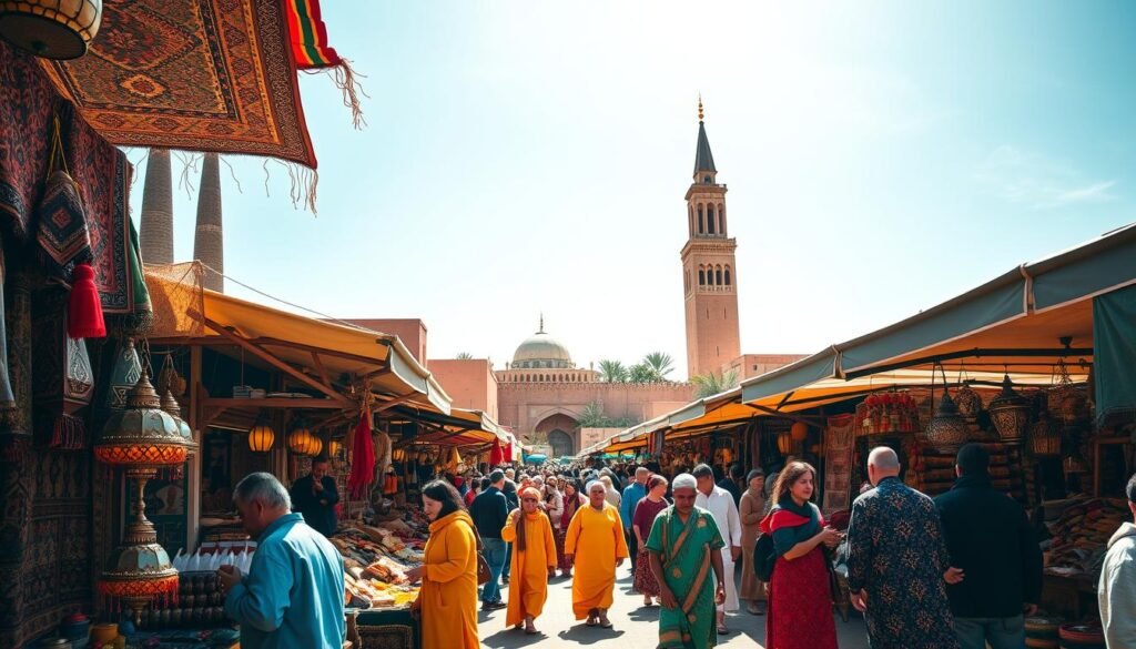 A bustling Moroccan marketplace in Marrakech, bathed in the warm March sun. In the foreground, a colorful array of traditional handicrafts, from intricate rugs to ornate lamps, beckons passersby. Mid-ground, lively vendors in vibrant robes haggle and barter, creating a lively, energetic atmosphere. In the background, the iconic Koutoubia Mosque towers majestically, its minaret punctuating the clear, cloudless sky. The scene is infused with the scents of spices, the sounds of animated conversation, and the energy of a city embracing the arrival of spring. Captured with a wide-angle lens to accentuate the depth and grandeur of the setting.