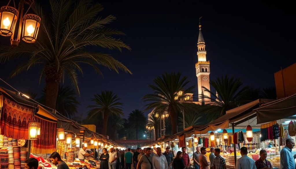 A bustling Ramadan night market in Marrakech, Morocco. In the foreground, stalls and tents overflowing with colorful textiles, spices, and artisan wares. Lanterns and string lights cast a warm, golden glow, illuminating the lively crowds of locals and tourists haggling and exploring. In the middle ground, towering palm trees sway gently, their fronds casting playful shadows. In the background, the iconic silhouette of the Koutoubia Mosque, its minaret reaching towards the deep indigo sky, dotted with twinkling stars. The scent of fragrant mint tea and freshly baked pastries fills the air, creating a captivating and immersive Moroccan market experience.