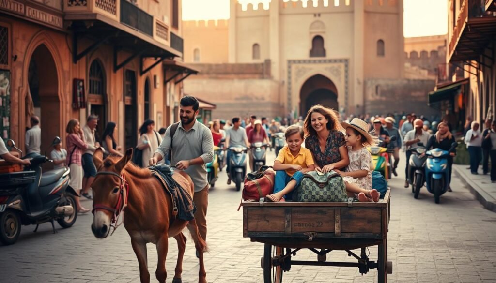 A family of four - parents and two young children - joyfully exploring the vibrant streets of a Moroccan medina. In the foreground, a donkey-drawn cart transports the family's luggage, its driver dressed in traditional attire. The middle ground features an array of colorful mopeds, bicycles, and people moving through the bustling marketplace. In the background, the towering walls and ornate archways of the historic city create a sense of timeless wonder. Warm, golden sunlight filters through the narrow alleyways, casting a soft, romantic glow over the scene. The overall mood is one of adventure, cultural immersion, and the collective spirit of family travel.