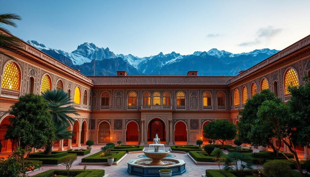 A grand, majestic Moroccan palace set against a backdrop of towering, snow-capped Atlas Mountains. The ornate, intricate facade is adorned with intricate tilework, arched entryways, and ornamental Islamic calligraphy. Lush, verdant gardens surround the palace, with cascading fountains and fragrant orange trees. Soft, warm lighting filters through the ornate, latticed windows, casting a golden glow across the elegant courtyard. The atmosphere is one of timeless, regal splendor, transporting the viewer to the opulent world of Moroccan royal heritage.