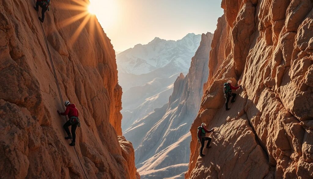 A group of experienced rock climbers carefully ascend a challenging cliff face in the rugged Rif Mountains of Morocco. The sun casts a warm, golden glow, illuminating the intricate limestone formations. In the foreground, climbers carefully place protective gear, ensuring a safe, secure ascent. The middle ground reveals the climbers' meticulous technique, with precise footwork and graceful movements. In the background, the dramatic Atlas peaks provide a majestic, snow-capped backdrop, conveying a sense of adventure and respect for the natural environment. The overall scene reflects the responsible, sustainable approach to rock climbing in this region, balancing the thrill of the sport with a deep appreciation for the fragile, breathtaking landscape.