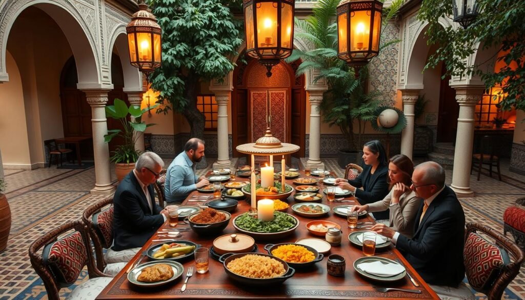 A lavish Moroccan gourmet dining scene unfolds in an opulent riad courtyard. Ornate lanterns cast a warm, golden glow over a grand, antique wooden table adorned with an array of fragrant tagines, platters of couscous, and glasses of aromatic mint tea. In the background, intricate mosaic tiles, arched doorways, and lush, verdant foliage create an immersive, exotic atmosphere. A group of well-dressed diners savor the tantalizing flavors, surrounded by the captivating sights and sounds of this exclusive Moroccan culinary experience.