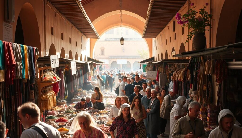 A lively Moroccan market in March, bustling with activity. In the foreground, vendors hawk their wares - vibrant textiles, fragrant spices, and handcrafted jewelry. The middle ground features a maze of tightly-packed stalls, shoppers haggling animatedly. In the background, the archways and tiled roofs of the historic souk create a warm, golden-hued atmosphere, bathed in the soft, diffused light of the late afternoon sun. The air is thick with the scents of mint tea, roasting meat, and blooming flowers. Shoppers weave through the crowded lanes, immersed in the rhythm and energy of this age-old Moroccan market tradition.