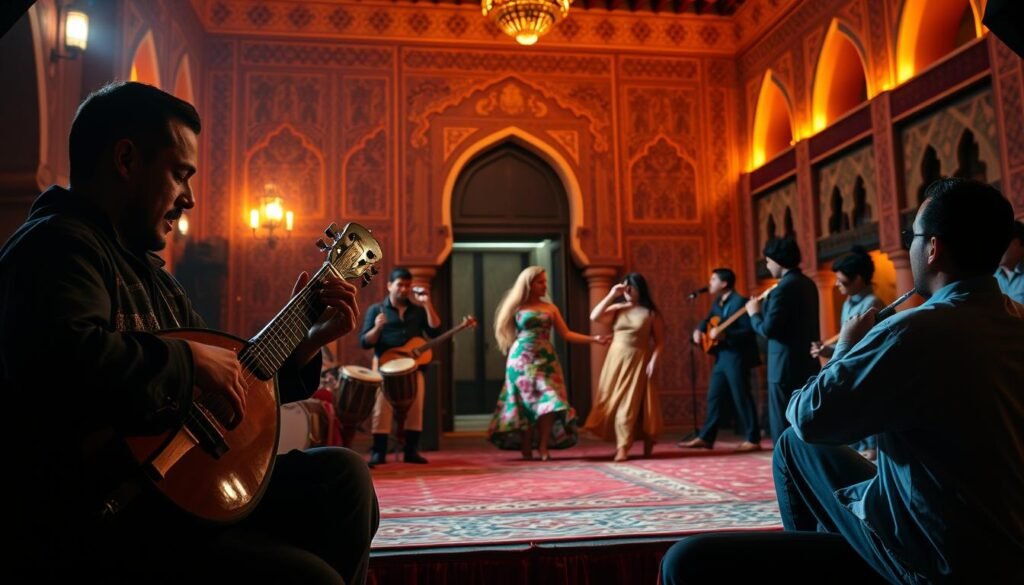 A lively Moroccan music performance unfolds on a dimly lit stage. In the foreground, a skilled musician plays a traditional lute-like instrument, their fingers dancing across the strings. Behind them, a group of musicians accompany with hand drums, cymbals, and reed pipes, their rhythmic melodies filling the air. The middle ground features colorfully dressed dancers, twirling and swaying to the captivating music. In the background, the rich, ornate walls of a Moroccan palace provide a regal, atmospheric backdrop, bathed in warm, amber lighting that casts a golden glow over the entire scene.