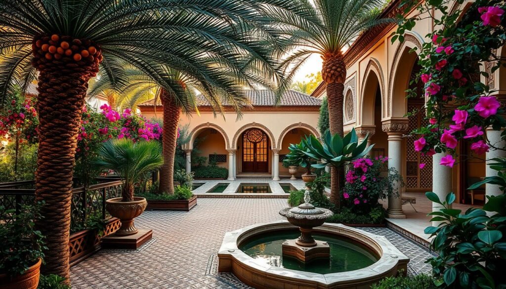 A lush Moroccan garden oasis, with intricate tiled pathways winding through vibrant flora. Towering date palms cast dappled shadows over ornate fountains and serene reflecting pools. Fragrant orange blossoms and vibrant bougainvillea cascading from trellises frame ornamental arches. The warm, golden light filters through the latticed screens, creating an atmosphere of tranquility and enchantment. Ornate tile work and carved stucco details accentuate the architectural elements, blending seamlessly with the natural setting. The scene evokes the harmony between nature and traditional Moroccan design principles.