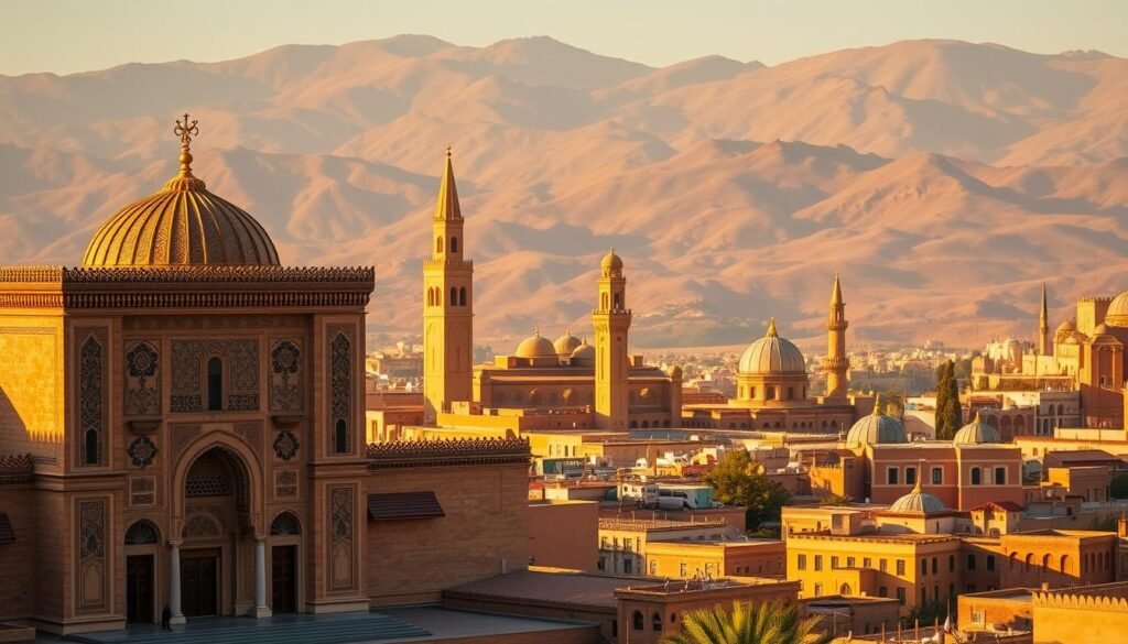 spiritual journey Fez A magnificent view of Fez's iconic sacred sites, bathed in warm, golden light. In the foreground, the grand Bou Inania Madrasa stands tall, its intricate tilework and carved cedar doors inviting visitors to step into a realm of timeless Islamic architecture. In the middle ground, the towering minarets of the Qarawiyyin Mosque pierce the sky, their calls to prayer echoing through the winding medina streets. Beyond, the rolling hills of the Rif Mountains form a breathtaking natural backdrop, adding to the serene and contemplative atmosphere. This scene captures the essence of Fez's profound spiritual heritage, a harmonious blend of human craftsmanship and the grandeur of the natural world.
