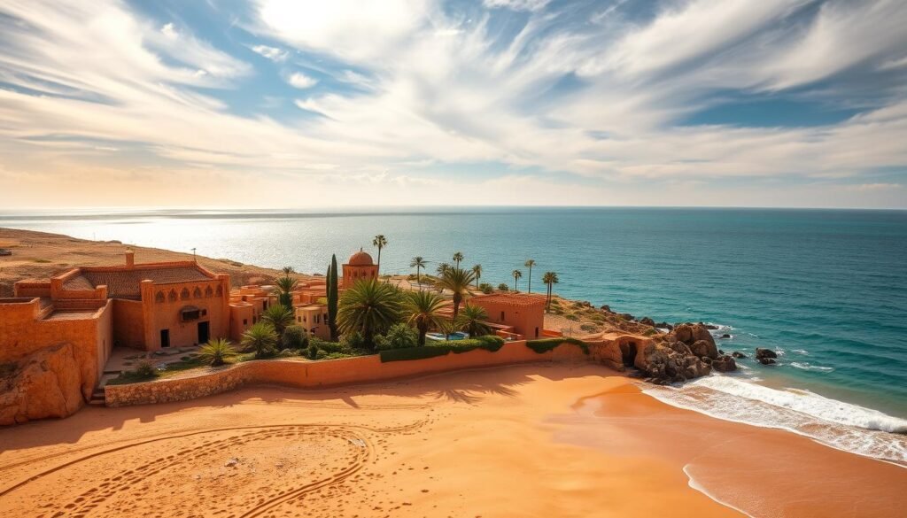 A picturesque coastal landscape that captures the seasonal diversity of Morocco's shores. In the foreground, a sun-drenched beach with golden sands and gently lapping waves, set against a backdrop of rugged cliffs in warm hues. In the middle ground, traditional Moroccan architecture with its distinctive reddish-brown hues and intricate patterns, nestled amidst lush palm trees and vibrant foliage. In the distance, the vast expanse of the sparkling azure sea, its color shifting with the changing skies - from the brilliant blues of summer to the moody grays of winter. Overhead, a dramatically lit sky that reflects the atmospheric conditions, with wispy clouds and rays of sunlight filtering through. The scene conveys a sense of tranquility, balance, and the ebb and flow of Morocco's coastal environments throughout the seasons.