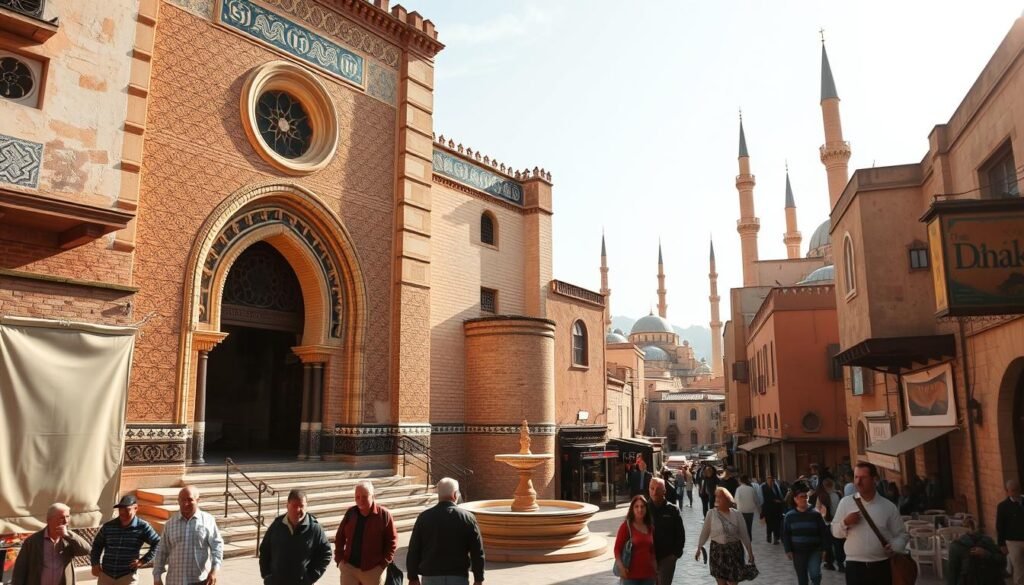 A richly detailed architectural exterior of a well-preserved Moroccan synagogue in the middle of a bustling Jewish quarter. The building's façade is adorned with intricate Moorish arches, ornate tile work, and decorative wrought-iron elements. In the foreground, locals stroll by, engaged in lively conversation. The middle ground features a small plaza with a central fountain, surrounded by quaint shops and cafes. In the background, the skyline is punctuated by the minarets of nearby mosques, creating a harmonious blend of cultural influences. Warm, golden sunlight filters through, casting soft shadows and imbuing the scene with a sense of timeless heritage and preservation.