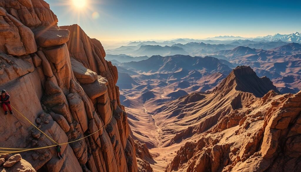 A rugged, towering landscape of the Atlas Mountains in Morocco, where the sun's golden rays illuminate the dramatic rock formations and winding trails. In the foreground, a group of climbers scale the weathered cliffs, their ropes and harnesses glinting in the light. The middle ground reveals a vast, undulating terrain of sheer rock walls and deep, shadowy crevices, inviting adventurous spirits to explore their challenges. In the distant background, snow-capped peaks pierce the azure sky, creating a breathtaking backdrop for this epic scene of natural grandeur and human achievement. The overall atmosphere is one of awe-inspiring majesty and the thrill of conquering the mountain's formidable slopes.