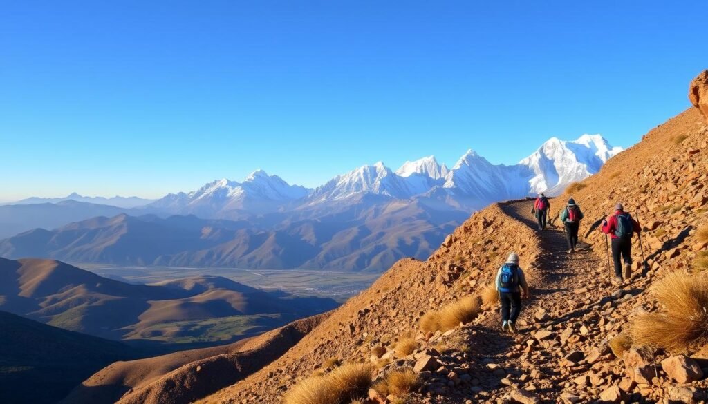 A rugged, winding hiking trail winds through the majestic Atlas Mountains in Morocco. In the foreground, a group of adventurous hikers ascend the rocky path, their backpacks and trekking poles visible. The middle ground reveals towering, snow-capped peaks that rise against a clear, azure sky, casting long shadows across the landscape. In the distance, rolling hills and lush, green valleys stretch out, hinting at the diverse terrain awaiting explorers. The scene is bathed in warm, golden light, evoking a sense of adventure and discovery. The overall mood is one of awe-inspiring natural beauty and the thrill of embarking on an unforgettable journey through this breathtaking mountain range.