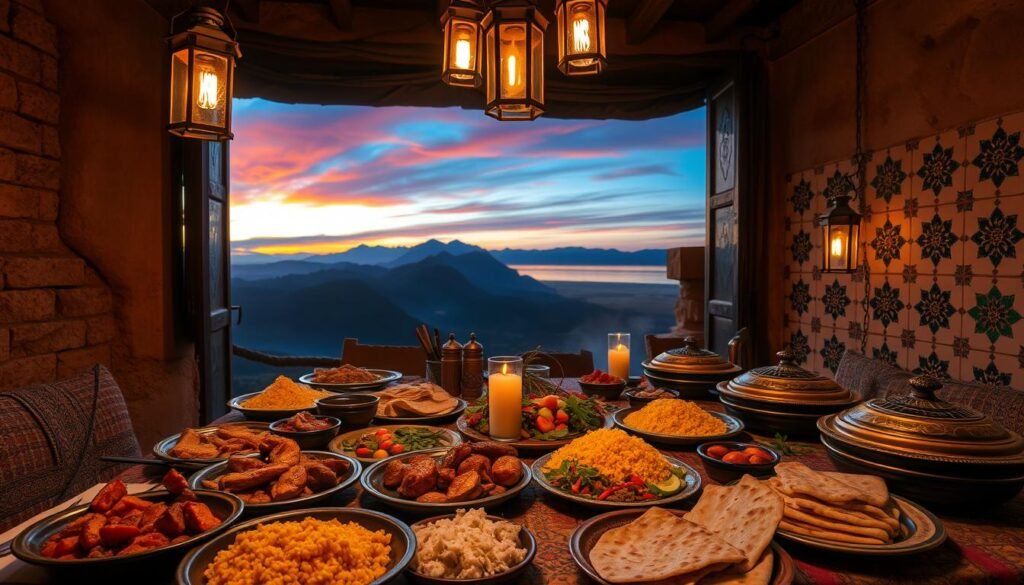 A rustic Moroccan table laden with a bountiful spread of tagines, couscous, and fragrant spices under the warm glow of lanterns. In the foreground, platters of sizzling meats, aromatic vegetables, and flaky flatbreads invite the weary hiker to indulge. Surrounding the feast, a textured backdrop of earthy clay walls and ornate tile patterns evokes the rich cultural heritage of the Atlas Mountains. Through an open window, a glimpse of the rugged peaks silhouetted against a vibrant sunset sky, hinting at the grand vistas that lie beyond the table. An immersive sensory experience that captures the essence of Moroccan mountain cuisine after a day of exhilarating exploration.