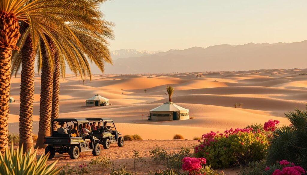 A serene oasis in the Agafay desert, where eco-friendly tourism thrives. In the foreground, a group of visitors explore the landscape on solar-powered electric buggies, their faces alight with wonder. In the middle ground, traditional Berber tents dot the gently rolling dunes, blending seamlessly with the natural environment. Towering palms and vibrant native flora frame the scene, casting soft, warm shadows. The background reveals the distant Atlas Mountains, their snow-capped peaks glowing under the golden desert sun. The overall atmosphere exudes a sense of harmony, where human presence coexists in perfect balance with the rugged, untamed beauty of the Moroccan desert.