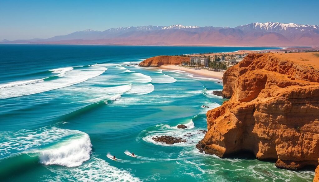 A stunning aerial view of the picturesque Moroccan coastline, where crystalline turquoise waves crash against rugged cliffs. In the foreground, surfers expertly navigate the powerful swells, their colorful boards carving through the water. The middle ground reveals a pristine beach dotted with palm trees, while the background showcases the dramatic Atlas Mountains, their snow-capped peaks reaching towards the endless azure sky. Warm, golden sunlight bathes the scene, creating a vibrant, energetic atmosphere perfect for an exhilarating surfing adventure.