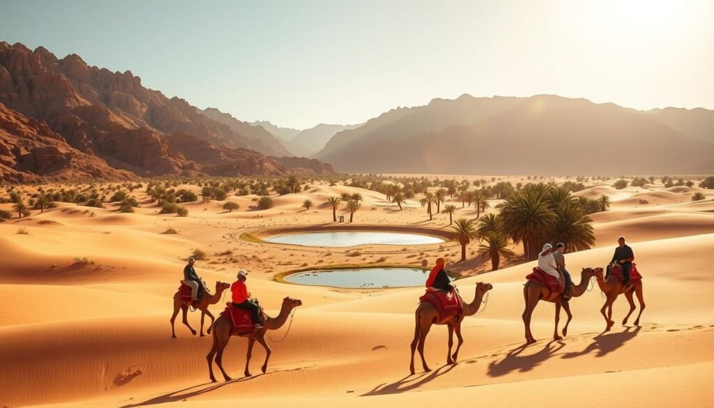 A sun-dappled desert landscape in Morocco, with a group of adventurous travelers on sustainable camel rides. In the foreground, a caravan of camels meanders through rolling sand dunes, their riders clad in traditional Berber attire. The middle ground features a shimmering oasis, lush with palm trees and a serene watering hole. In the distance, rugged, ochre-hued mountains rise against a clear, azure sky. The scene is bathed in warm, golden light, capturing the harmony between human and nature. The mood is one of calm exploration, showcasing the ethical and eco-friendly nature of this desert adventure.