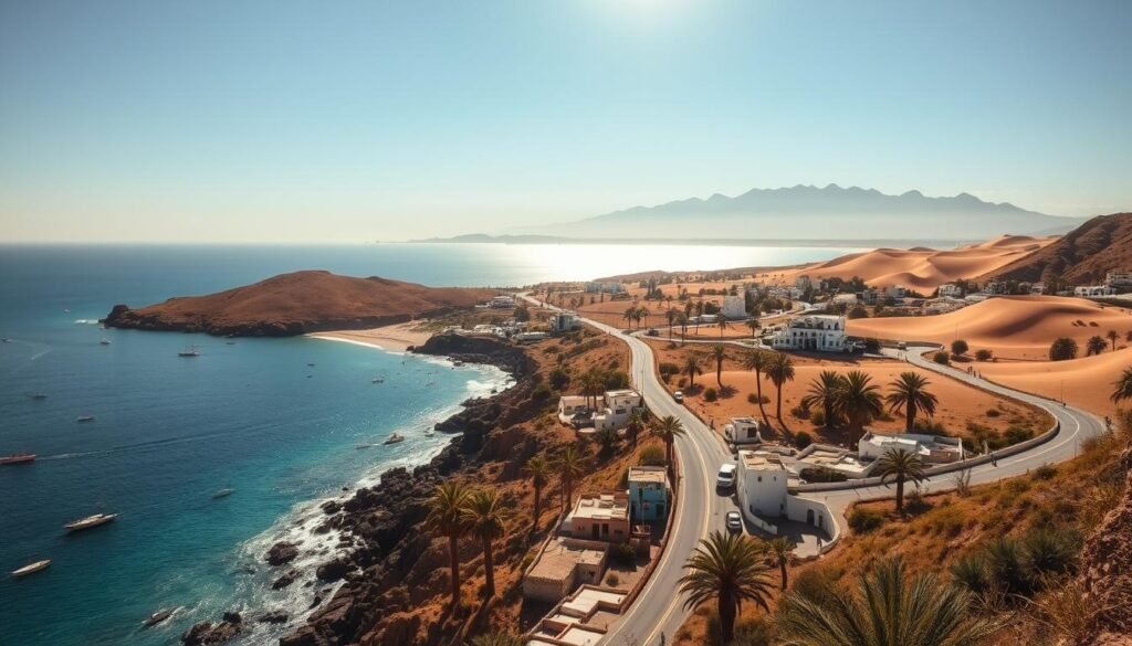 A sun-drenched Moroccan coastal landscape, captured with a wide-angle lens. In the foreground, a picturesque fishing village nestled along the rugged shoreline, with traditional white-washed buildings and colorful boats bobbing in the azure waters. In the middle ground, a winding coastal road flanked by palm trees and rolling sand dunes, leading the eye towards the distant horizon. In the background, the majestic Atlas Mountains rise up, their snow-capped peaks glowing in the golden afternoon light. The scene is imbued with a sense of tranquility and adventure, inviting the viewer to imagine themselves mapping out the perfect Moroccan coastal exploration itinerary.
