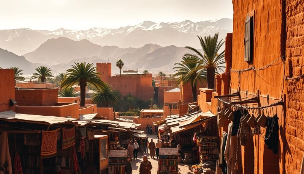 A sun-drenched Moroccan landscape, where ancient ochre-hued kasbah fortresses and towering palm trees stand tall against a backdrop of rugged, snow-capped Atlas mountains. In the foreground, a bustling traditional market bursts with vibrant textiles, ornate metalwork, and the tantalizing aromas of spices. Warm, golden light filters through narrow alleyways, casting intricate shadows that dance across weathered mud-brick walls. A hazy, dreamlike atmosphere pervades the scene, evoking the timeless cultural heritage of this captivating North African nation.