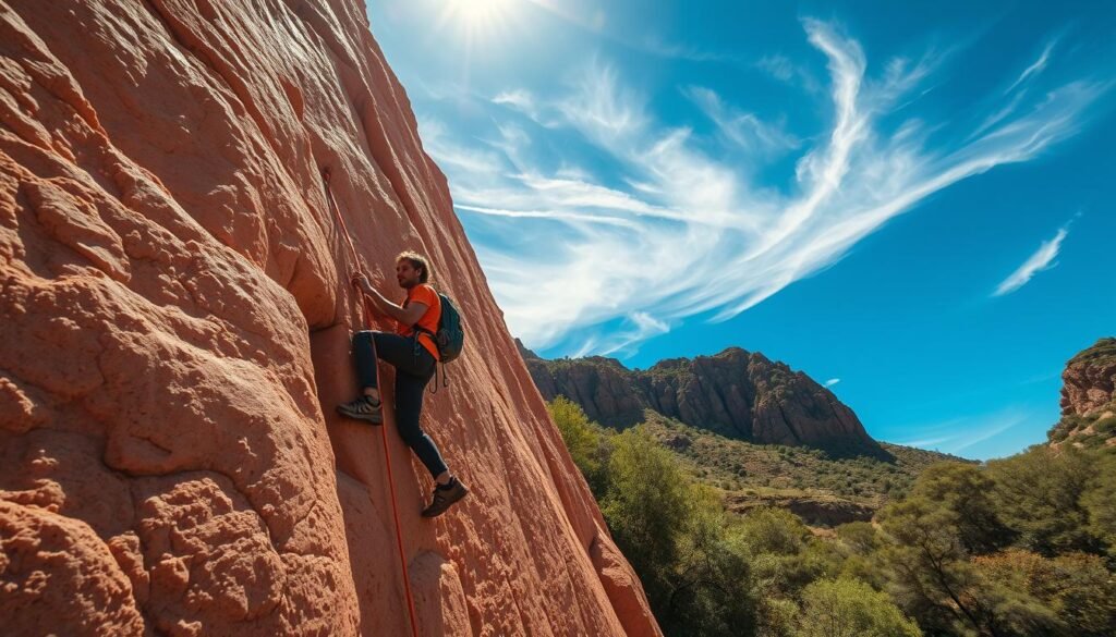 A sun-drenched rock face in the Atlas Mountains of Morocco, with a beginner climber scaling an inviting, moderately-graded route. The climber, clad in vibrant climbing gear, clings to the rough, ochre-hued limestone, their expression one of focused determination. In the background, wispy clouds drift across a brilliant azure sky, while the lush, verdant foliage of the surrounding landscape provides a verdant counterpoint. The scene is captured through a wide-angle lens, with dramatic shadows and highlights accentuating the climber's movements and the textural details of the rock. An atmosphere of adventure, challenge, and the tranquility of the natural world permeates the image, inspiring viewers to consider their own first steps into the rewarding world of rock climbing.