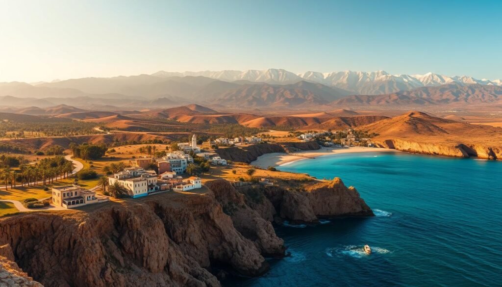 A sweeping panorama of Morocco's dual coastal landscapes, bathed in warm, golden Mediterranean light. In the foreground, rugged cliffs plunge into the azure waters, dotted with traditional Moroccan fishing villages. Midground showcases rolling hills and lush palm groves, a fusion of lush vegetation and arid terrain. The background reveals the majestic Atlas Mountains, their snow-capped peaks reaching towards the heavens. Capture the essence of Morocco's enchanting coastlines, from the serene tranquility of the Mediterranean to the rugged power of the Atlantic, through a cinematic, wide-angle lens.