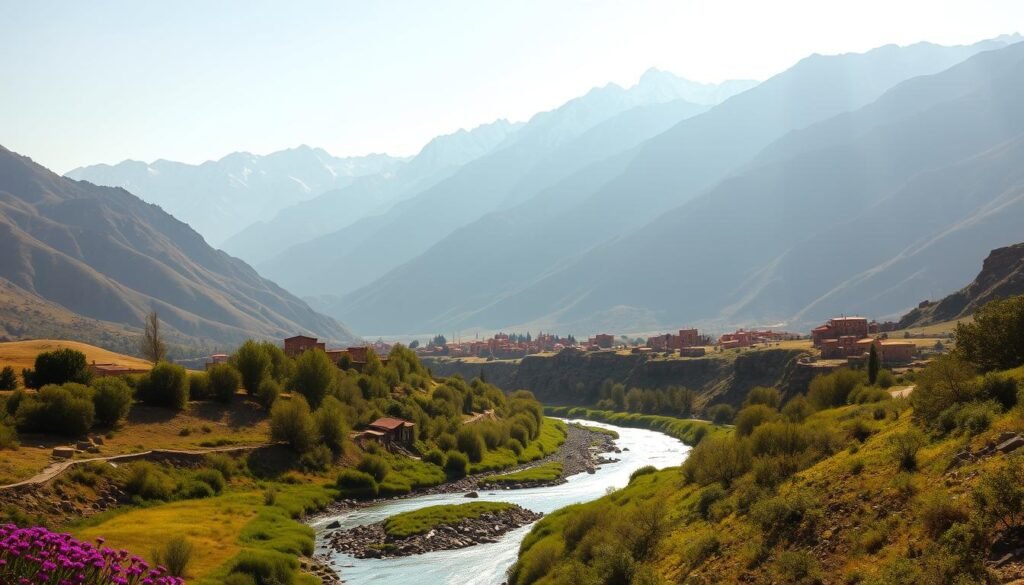 A sweeping panorama of the Ourika Valley in Morocco's Atlas Mountains, bathed in warm afternoon sunlight. In the foreground, a winding river flows between lush, verdant banks dotted with vibrant wildflowers. Towering, snow-capped peaks rise majestically in the background, their rugged slopes covered in a patchwork of light and shadow. The air is crisp and clear, with a slight haze giving the scene a dreamlike, ethereal quality. Scattered Berber settlements, their earthen buildings blending seamlessly into the landscape, dot the valley floor. A sense of tranquility and timelessness pervades the entire vista, inviting the viewer to pause and immerse themselves in the beauty of this remarkable natural wonder.