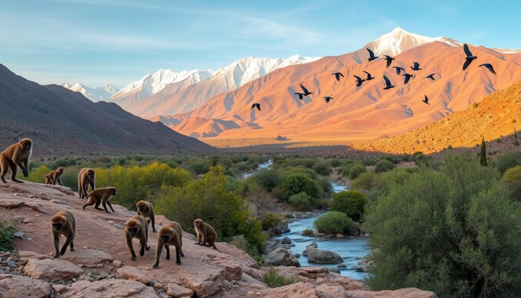 A sweeping panorama of the majestic Atlas Mountains in Morocco, teeming with vibrant wildlife. In the foreground, a family of Barbary macaques scamper across the rocky terrain, their lively antics captured in sharp detail. The middle ground reveals a tranquil stream winding through lush, verdant foliage, home to a diverse array of birds in flight. In the distance, the snow-capped peaks of the Atlas range rise majestically, bathed in the warm, golden glow of the afternoon sun. The scene exudes a sense of serene, untamed beauty, inviting the viewer to immerse themselves in the raw, untamed splendor of this remarkable natural wonder.
