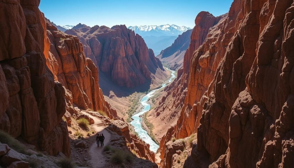 A towering, rocky gorge carved through the rugged Atlas Mountains, Todra Gorge is a natural wonder. In the foreground, a winding hiking trail leads adventurers through the dramatic limestone cliffs, their jagged edges casting deep shadows under the warm, golden light of the Moroccan sun. In the middle ground, a crystal-clear river flows peacefully between the towering walls, its reflections shimmering. In the distance, the gorge opens up to reveal a sweeping vista of snow-capped peaks, hazy and ethereal against the azure sky. The scene evokes a sense of exploration and discovery, beckoning thrill-seekers to immerse themselves in this hidden gem of the Moroccan wilderness.
