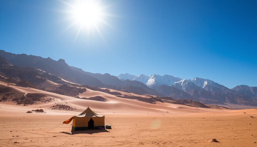 A vast, barren expanse stretches out under the bright Moroccan sun, the Agafay Desert's rolling dunes and rocky outcrops creating a dramatic landscape. In the foreground, a lone Berber tent stands solitary, its fabric fluttering gently in the warm breeze. Rugged mountains rise up in the distance, their snow-capped peaks glinting in the clear, azure sky. The scene is infused with a sense of tranquility and isolation, the only sounds the whisper of the wind and the occasional call of a desert bird. A wide-angle lens captures the vastness of this captivating desert setting, inviting the viewer to explore its rugged beauty.