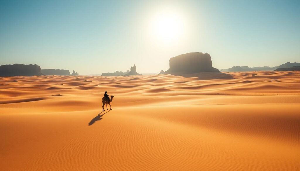 A vast expanse of golden dunes stretches out under a clear, cloudless sky. In the foreground, a lone camel treks steadily across the Saharan landscape, its rider silhouetted against the brilliant sun. The air is crisp and dry, with a gentle breeze caressing the undulating sands. In the distance, craggy rock formations rise up, casting long shadows that dance across the desert floor. The scene is infused with a sense of timeless tranquility, capturing the raw, untamed beauty of the Sahara Desert in the tranquil month of March.