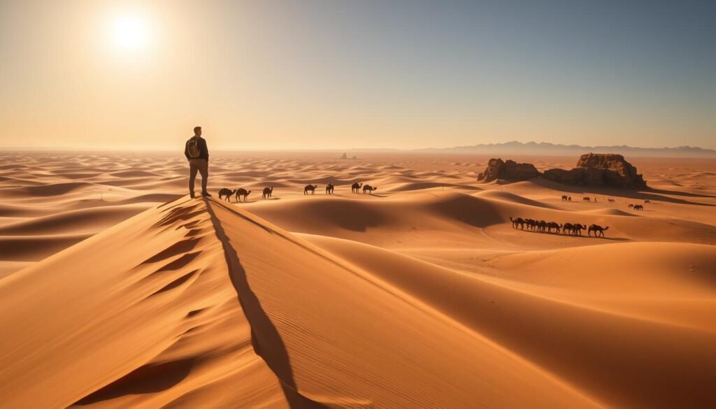 A vast expanse of golden dunes stretches out under the blazing Saharan sun, casting long shadows across the undulating terrain. In the foreground, a lone adventurer stands atop a towering dune, gazing out over the endless sea of sand. The middle ground reveals a herd of nomadic camels, their distinctive silhouettes punctuating the horizon. In the distance, weathered rock formations and distant mountains provide a rugged backdrop to this breathtaking desert wilderness. The scene is imbued with a sense of solitude and adventure, inviting the viewer to embark on an unforgettable journey through the heart of the Sahara. Soft, natural lighting filters through the clear, cloudless sky, highlighting the warm tones and textures of the desert landscape.