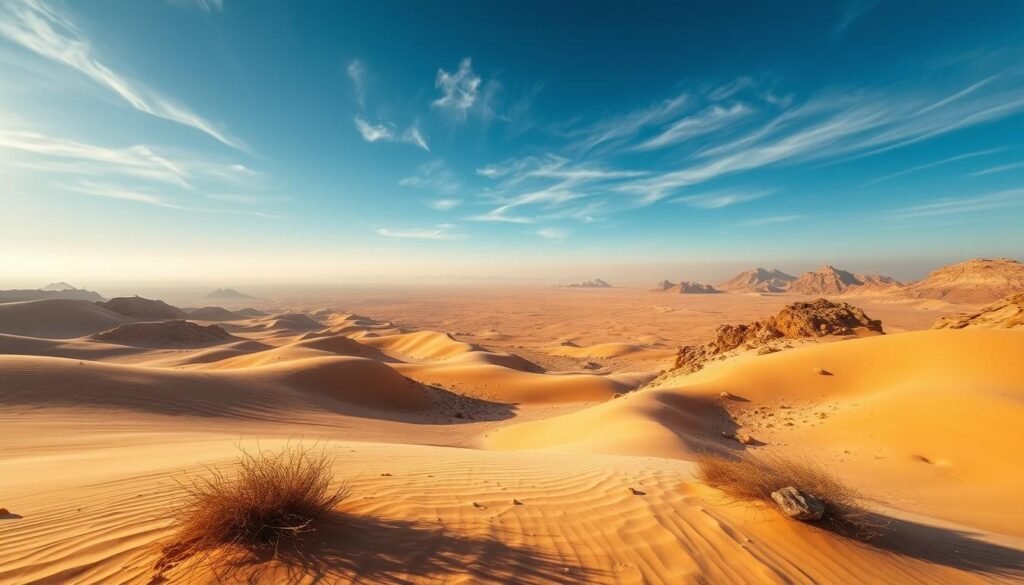 A vast, expansive desert landscape of rolling dunes and rocky outcrops under a warm, golden light. In the foreground, a gentle breeze rustles the sparse vegetation, casting soft shadows across the sand. In the middle ground, undulating hills and ravines create a sense of depth and dimension, while the distant horizon is hazy and indistinct, creating a serene, dreamlike atmosphere. The sky is a deep azure, with wispy cirrus clouds drifting overhead, adding to the tranquil ambiance. The camera's wide-angle lens captures the grandeur and vastness of the Desert Agafay, showcasing its unique and captivating seasonal beauty.