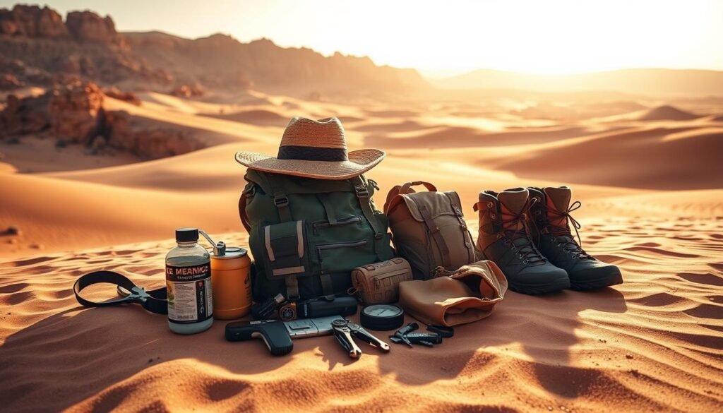 A vast, sun-drenched Moroccan desert landscape, with rolling dunes and rugged rock formations in the background. In the foreground, an assortment of essential desert packing items neatly arranged: a sturdy backpack, a wide-brimmed hat, a canteen of water, a compass, a multi-tool, and a pair of durable hiking boots. Warm, golden light bathes the scene, casting long shadows and creating a sense of adventure and exploration. The overall mood is one of preparedness and anticipation, capturing the spirit of an unforgettable desert journey.