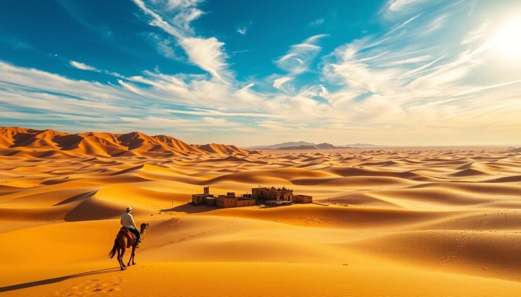 A vast, sun-drenched desert landscape in Morocco, with towering dunes of golden sand stretching to the horizon. In the foreground, a lone Berber nomad rides a camel, the animal's graceful silhouette casting long shadows across the undulating terrain. Clusters of weathered, earthen-toned buildings dot the middle ground, nestled between the dunes. The sky above is a vibrant azure, with wispy cirrus clouds drifting lazily overhead, illuminated by the warm, golden light of the late afternoon sun. A sense of tranquility and timelessness permeates the scene, capturing the essence of Morocco's iconic desert destinations.