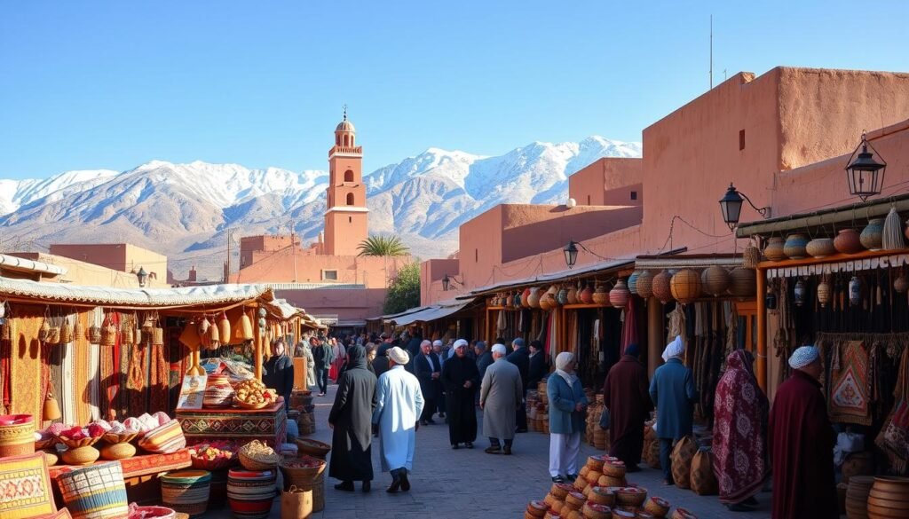 A vibrant Moroccan market scene set against the backdrop of snow-capped Atlas Mountains. In the foreground, a colorful array of traditional Berber rugs, woven baskets, and handcrafted lanterns. Vendors in long robes and turbans haggle with eager tourists. Overhead, the warm glow of the winter sun casts a golden hue, accentuating the earthy tones of the mud-brick buildings. In the distance, a minaret rises, its call to prayer echoing through the crisp, clear air. The scene exudes the festive spirit of a Moroccan holiday, capturing the essence of the best time to visit for cultural immersion and adventure.