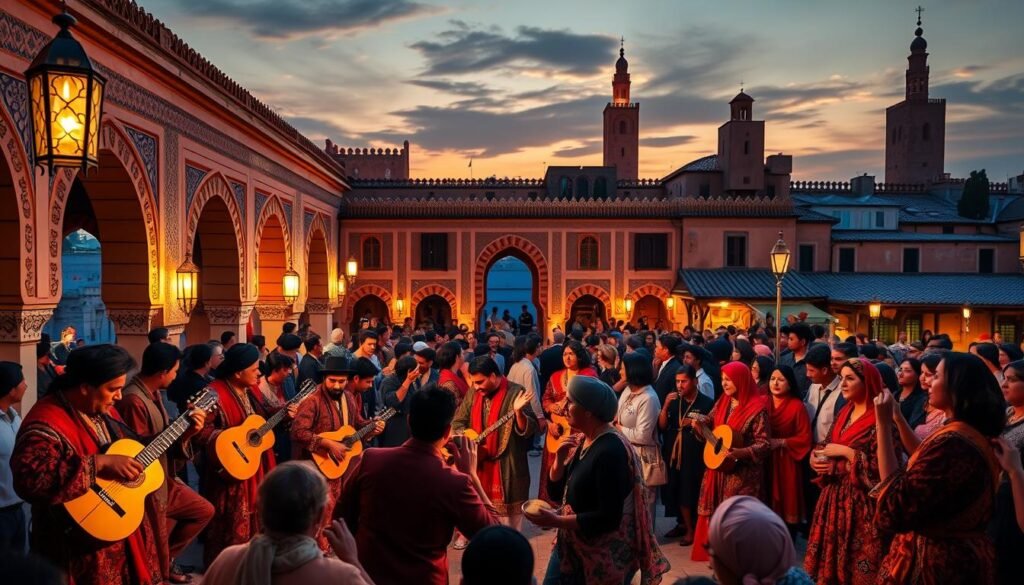 A vibrant Moroccan musical performance unfolds in the foreground, with a troupe of traditional musicians playing lively rhythms on Gnawa lutes, drums, and castanets. In the middle ground, a captivated audience sways to the infectious beat, enveloped in the warm glow of lanterns and the rich hues of traditional Moroccan textiles. The background features the iconic architecture of a Moroccan palace or medina, with ornate arches, intricate tilework, and the silhouettes of minarets against a dusky, golden-hued sky. The scene exudes a sense of cultural authenticity, ancient tradition, and joyful celebration.