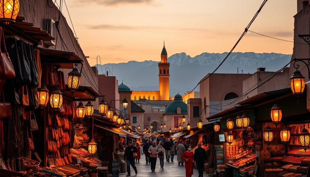 A vibrant Moroccan street scene at dusk, bathed in warm, golden light. In the foreground, a bustling souk with intricate stalls displaying handcrafted leather goods, colorful spices, and traditional lanterns. Winding alleyways lead to a towering mosque minaret in the middle ground, its silhouette against a dusky sky. In the background, the iconic Atlas Mountains rise majestically, their snow-capped peaks glowing in the fading daylight. The atmosphere is lively and inviting, capturing the essence of Moroccan Ramadan traditions and the allure of this enchanting travel destination.