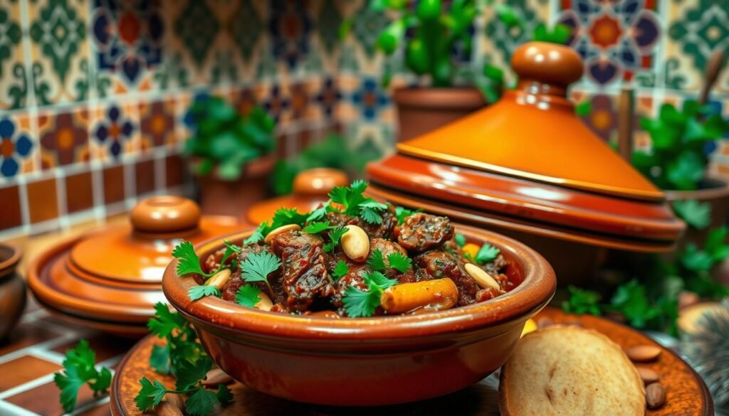 A vibrant Moroccan tagine dish, its earthenware bowl brimming with a fragrant stew of tender lamb, aromatic spices, and colorful vegetables. In the foreground, the dish is adorned with fresh cilantro, toasted almonds, and a drizzle of rich, fragrant olive oil. Surrounding the tagine, a lush, rustic setting with earthy tones and textures - terracotta tiles, intricate Moroccan tile patterns, and warm, diffused lighting that evokes the cozy ambiance of a traditional Moroccan kitchen. The overall composition captures the essence of Moroccan cuisine: a captivating blend of flavors, aromas, and cultural heritage.