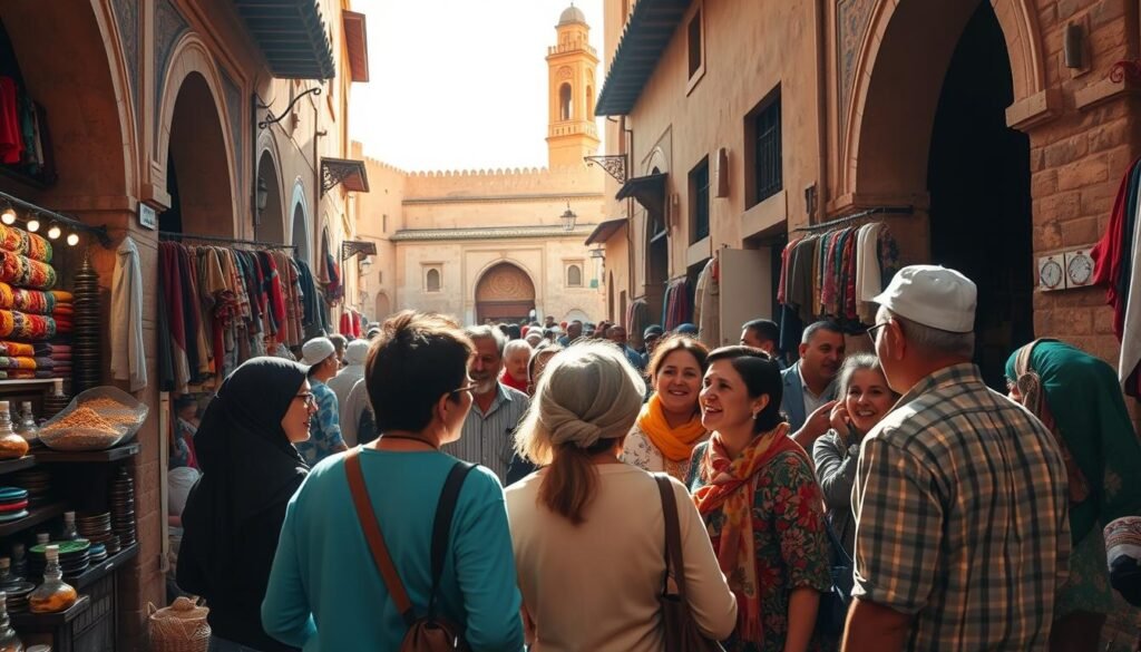 A vibrant, bustling street scene in the historic medina of Fez, Morocco. In the foreground, a group of local residents enthusiastically engage with a small tour group, sharing insights into their daily lives and traditions. Colorful textiles, spices, and handicrafts fill the stalls lining the narrow alleyways. Warm afternoon light filters through the archways, casting a golden glow over the lively interaction. In the middle ground, a glimpse of the iconic Karaouine Mosque, a renowned spiritual and educational center. The background features the distinctive architecture of Fez, with its intricate tilework, ornate doorways, and towering minarets. The overall atmosphere conveys a sense of cultural immersion and genuine community exchange.