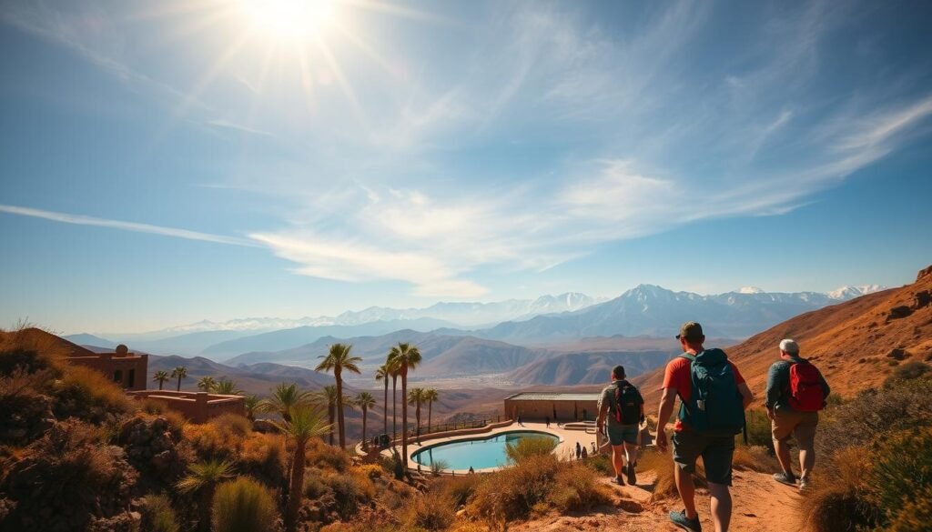 A vibrant landscape filled with the essence of Morocco's active holidays. In the foreground, a group of adventurous travelers explores a rugged mountain trail, their hiking gear and backpacks suggesting an expedition into the unknown. The middle ground reveals a picturesque oasis, with palm trees swaying gently and a tranquil pool inviting a refreshing respite. In the distance, the majestic Atlas Mountains rise, their snow-capped peaks touching the azure sky, hinting at the diverse terrain and thrilling outdoor activities that await. Warm, golden sunlight bathes the scene, capturing the spirit of exploration and the promise of unforgettable experiences. This image evokes the perfect blend of Morocco's natural wonders and the spirit of an active holiday.
