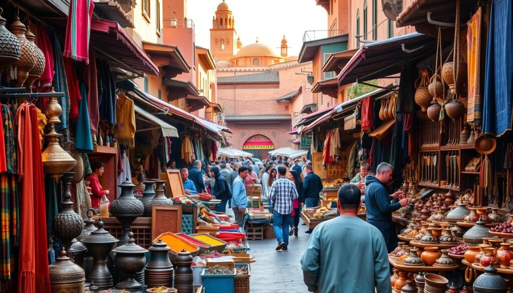 A vibrant marketplace in the heart of Marrakech, bustling with the sights, sounds, and scents of Moroccan culture. In the foreground, colorful textiles, intricate metalwork, and spice-laden stalls beckon. In the middle ground, artisans skillfully craft traditional pottery and leatherwork, while the background reveals the iconic architecture of the medina, with its ornate facades and towering minarets bathed in warm, golden light. Capture the energy and authenticity of a true Moroccan cultural experience.
