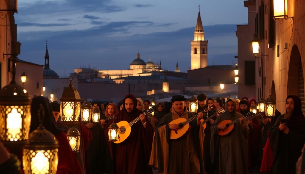 A vibrant procession winds through the historic medina of Fez, Morocco. In the foreground, robed figures carry ornate lanterns, their soft glow illuminating the scene. In the middle ground, musicians play traditional lutes, their melodies echoing through the narrow streets. In the background, the iconic pointed roofs and minarets of ancient mosques rise against a dusky sky. The air is thick with the scent of incense and the rhythmic chanting of pilgrims, creating an atmosphere of deep spiritual reverence. Warm, golden tones permeate the image, evoking the timeless, sacred nature of this musical pilgrimage.