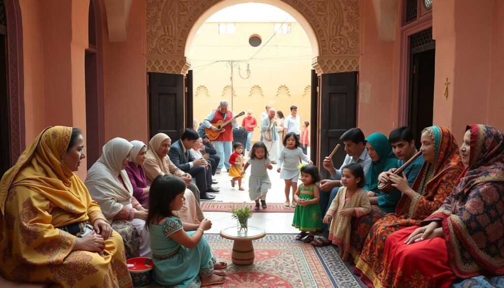 A warm, vibrant gathering of a Moroccan family in a traditional courtyard setting. In the foreground, a group of women and children sit together, adorned in colorful kaftans and intricate jewelry, engaged in lively conversation. The middle ground features a mix of generations - elders sipping mint tea, young men playing music on traditional instruments, and children running playfully. In the background, an ornate carved archway frames the scene, casting soft, golden light across the gathered loved ones. The overall atmosphere is one of togetherness, joy, and the enduring importance of family in Moroccan culture.